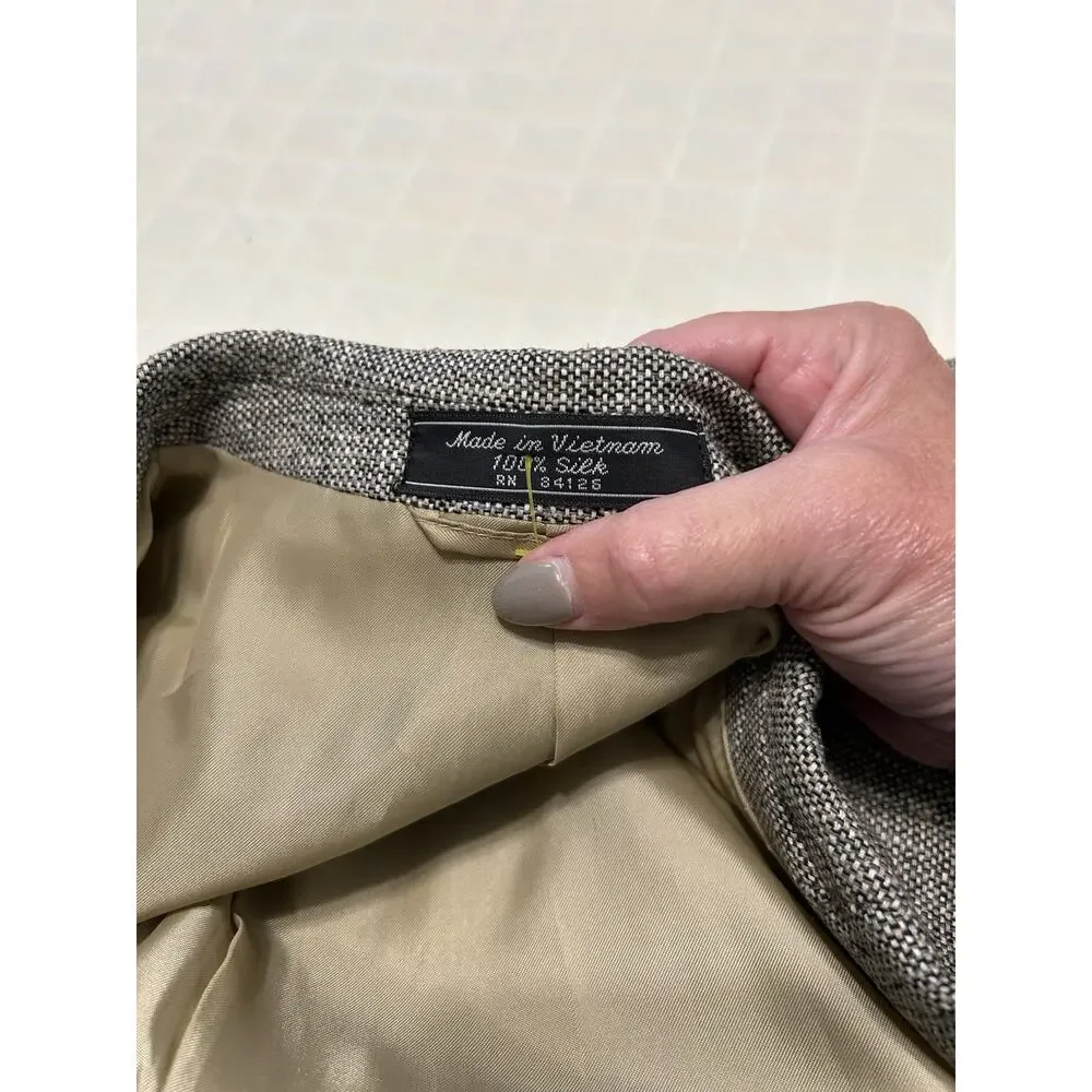 Meeting Street Mens 42L 100% Silk‎ Blazer Gray Tan Tweed Sports Coat Work Jacket